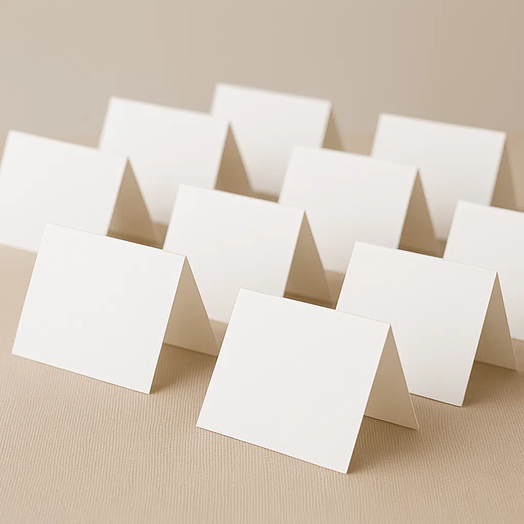 Scored card tent cards arranged in rows on a display table